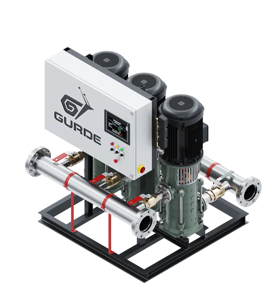GURDE fully automatic booster set with cast impellers: three vertical multistage pumps, control panel and manifolds on a common base frame