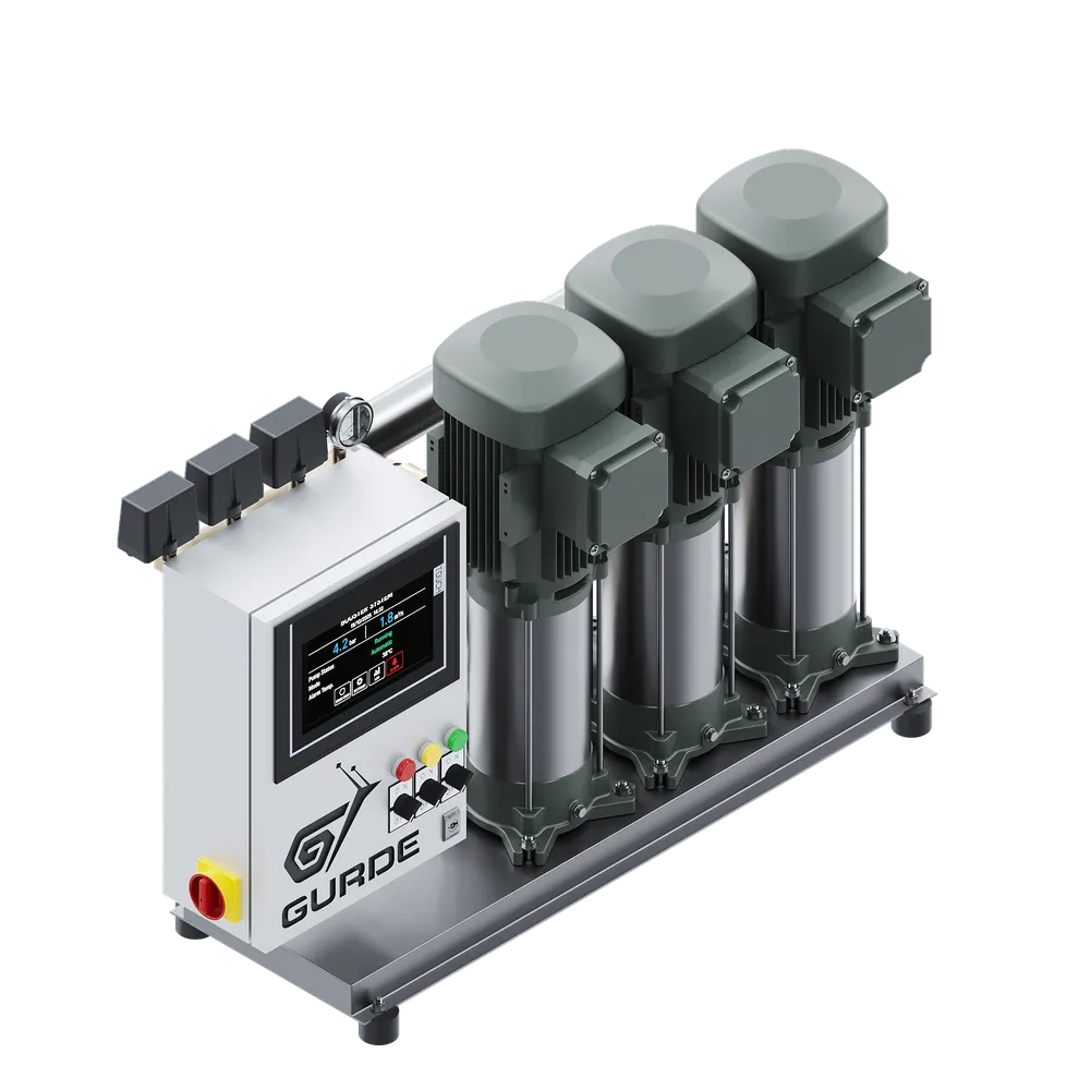 GURDE fully automatic booster set with Noryl impellers: three vertical pumps, control panel and manifolds on a common base frame