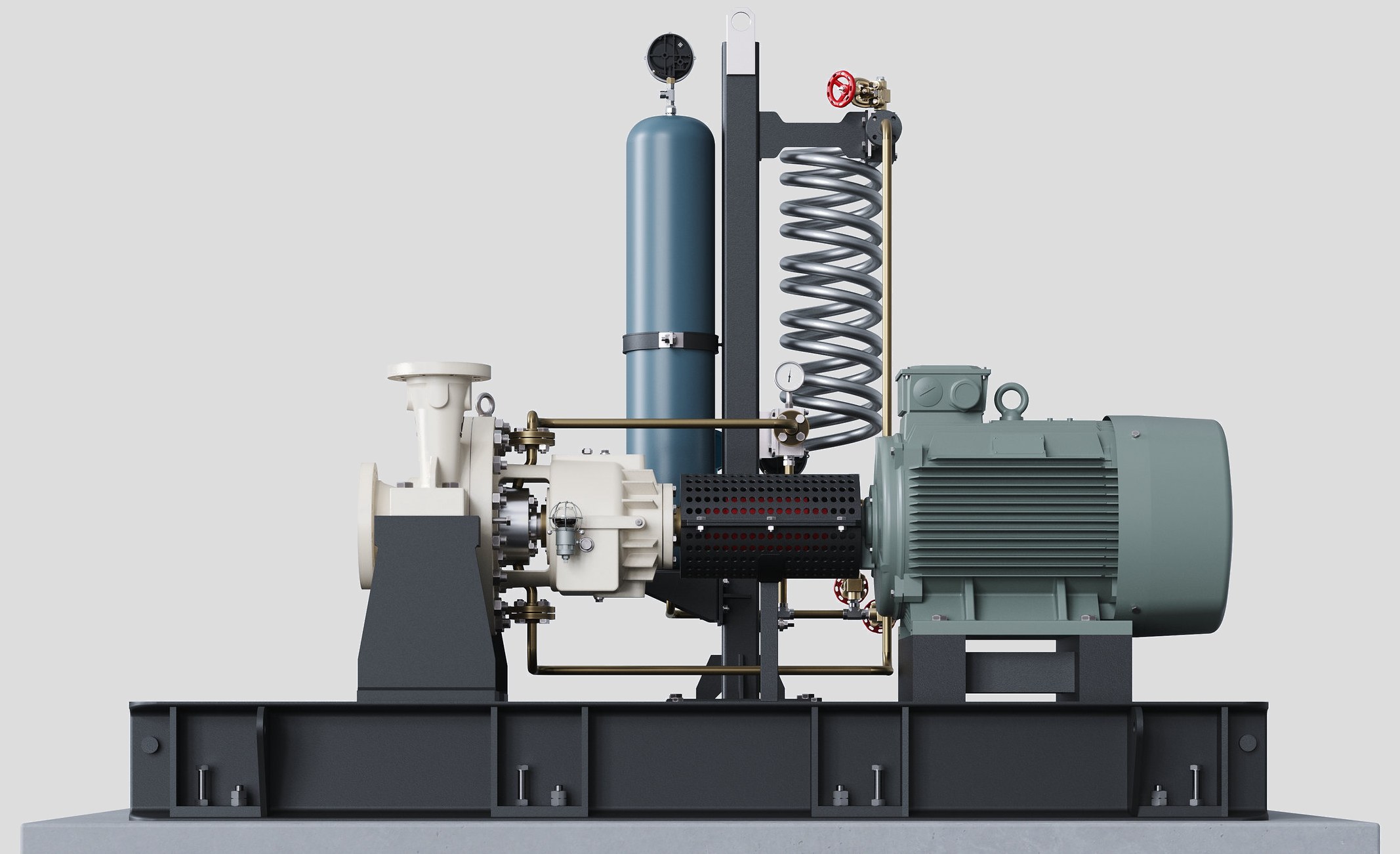 GURDE API 610 OH2 proses pompası; elektrik motoru, kaplin ve sızdırmazlık destek ekipmanlarıyla şase üzerinde komple paket