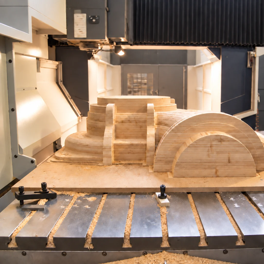 İşlenmiş ahşap döküm modeli CNC tezgâhının tablasında