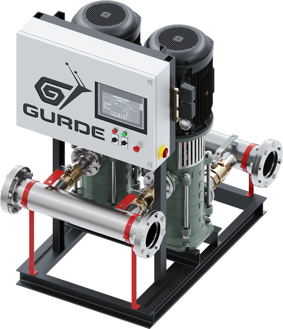 GURDE fully automatic booster set: twin-pump booster set with cast impellers, with control panel and manifolds