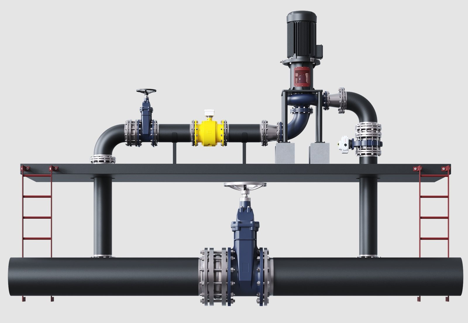 Tipik HydroPaT kurulumu: 1 Ana şebeke borusu, 2 Ana hat vanası, 3 İzolasyon vanası, 4 Debimetre (opsiyonel), 5 Pompa türbin (PaT), 6 Jeneratör, 7 Kontrol vanası
